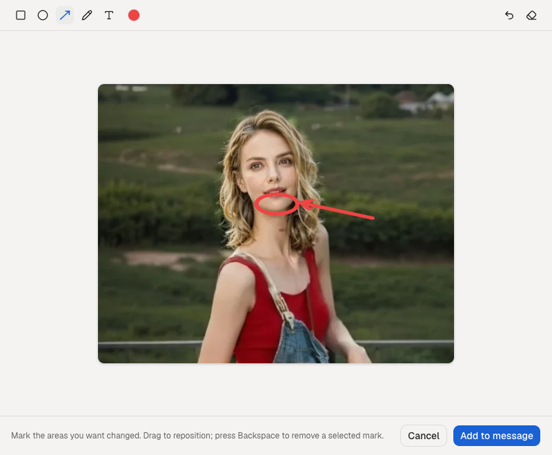 The image annotation tool with a circle and arrow marking the lips